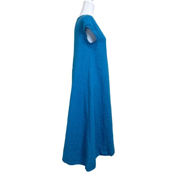 Bryn Walker Blue Linen Midi Dress Short Sleeve Lagenlook USA Womens Size XXS - Picture 2 of 9